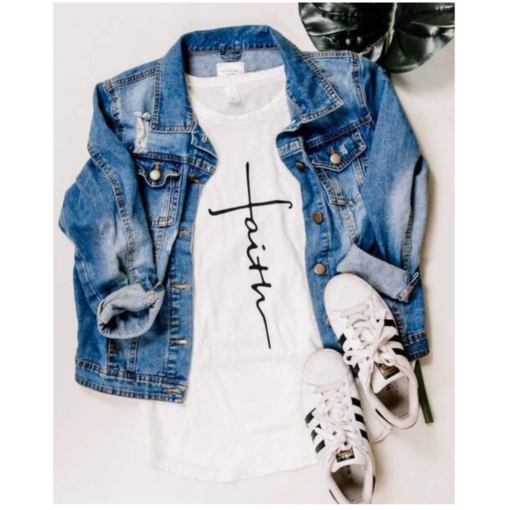 Faith cross white tank, curved hem